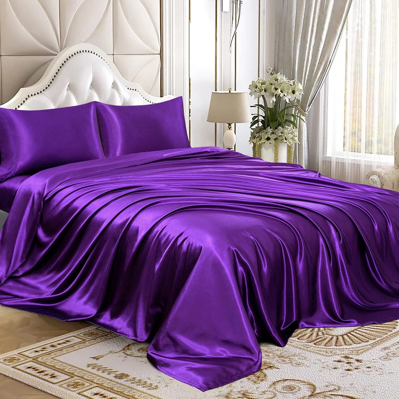 Homiest 4pcs Satin Sheets Set Luxury Silky Satin Bedding Set with Deep Pocket 1 Fitted Sheet 1 Flat Sheet 2 Pillowcases Full Size Purple