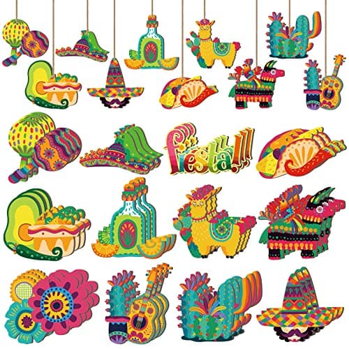 Purpeak 36 Pcs Cinco De Mayo Decorations Mexican Fiesta Ornaments Wooden Tree Ornaments Mexican Fiesta Hanging Decoration Piñata Sign for Cinco De Mayo Party Favors Holiday Supplies Tree Outdoor Decor