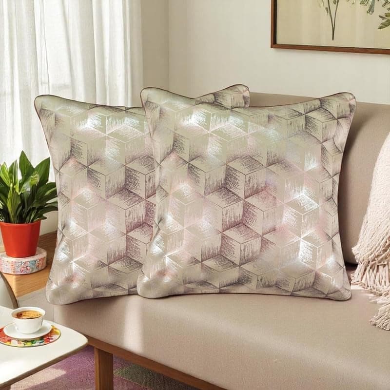 Vendola Decorative Foil Blackout Cushion Cover 20 inch x 20 inch, Sofa Pillow Cover Set, Beige Box Design, Foil Shimmer Glittery Pattern, Diwali Festive, Cushion Cover (Beige, 20X20 Inches, Set of 2)