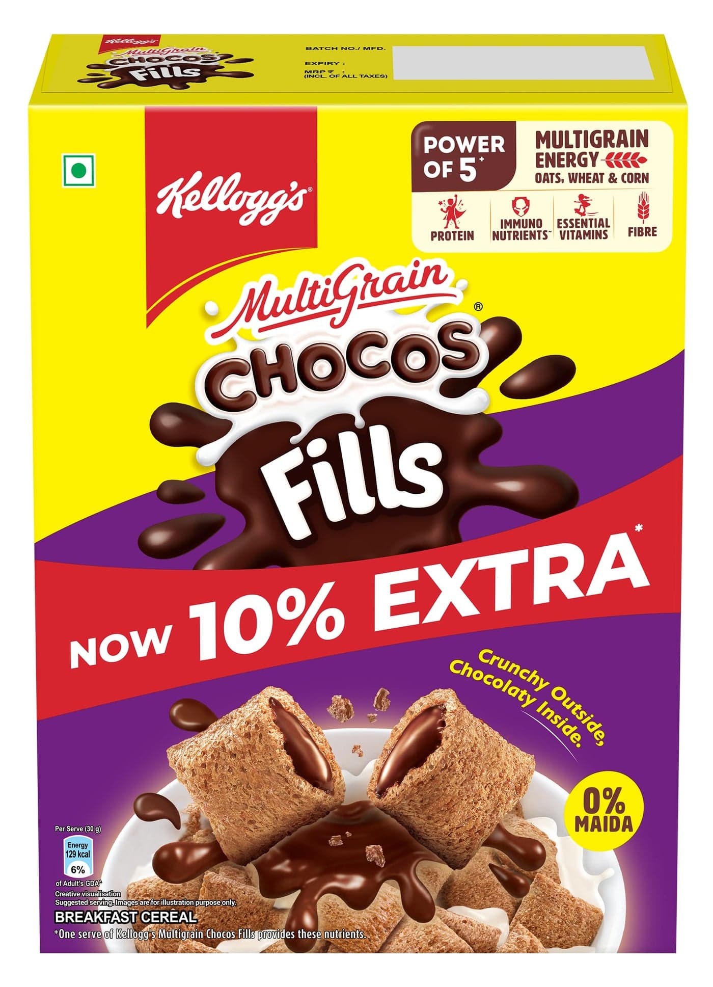 Kellogg's Chocos Fills 250g + 25g Extra Free | Double Chocolaty, Anytime Snack | 3 Grains: Oats, Wheat & Rice, Protein Rich, 0% Maida