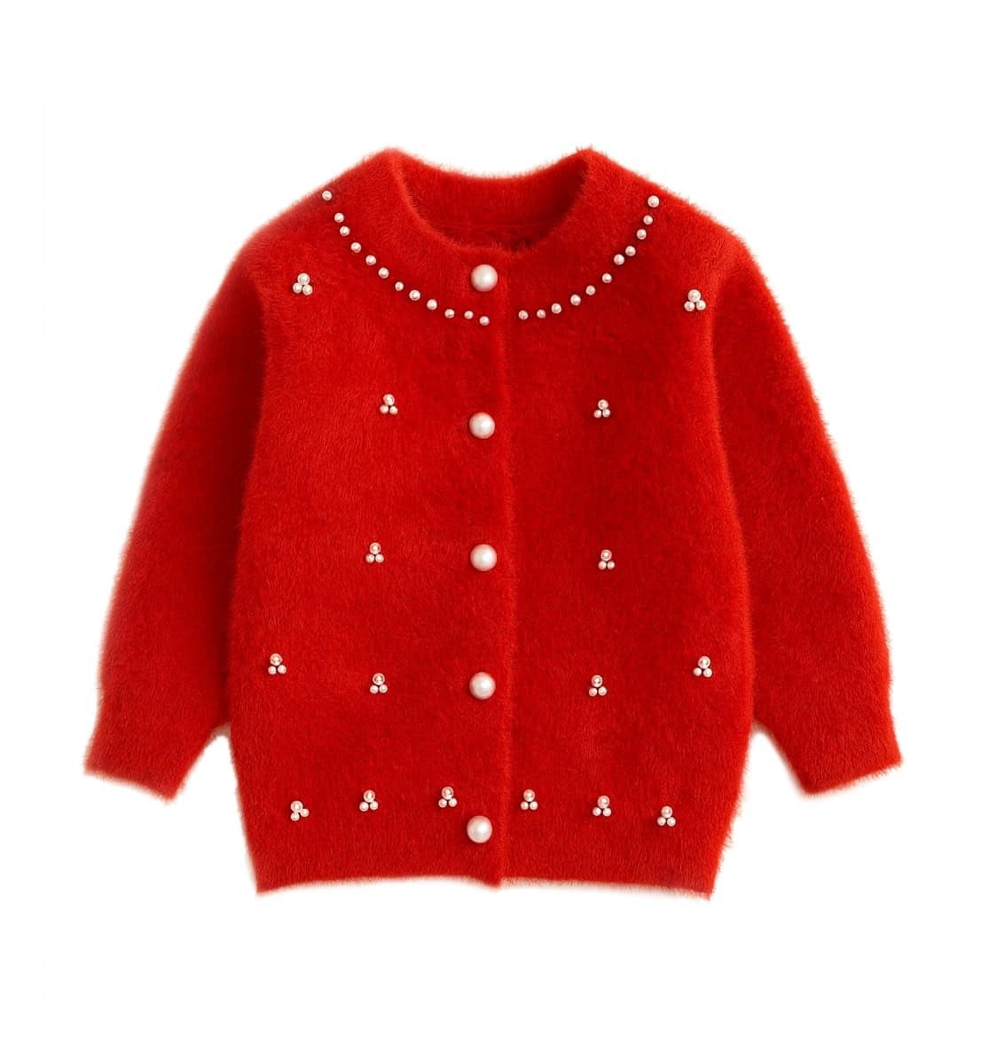 Bold N Elegant Girls Soft Knit Winter Cardigan Sweater with Pearl Buttons | Warm Woolen Stylish Party Cardigan for Girls Upto 5 Years Red