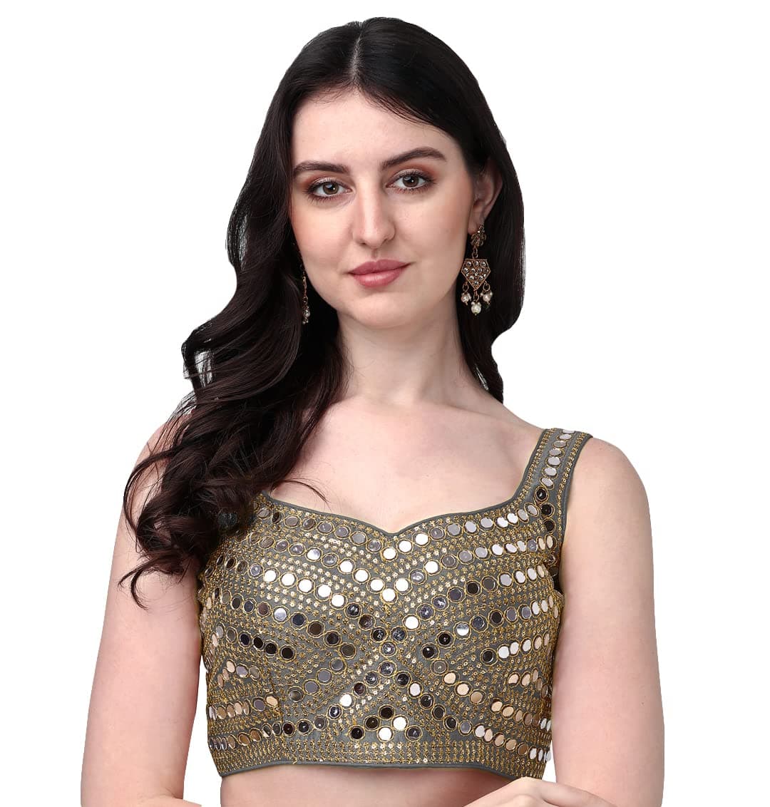 Pujia Mills Women's Embroidery Work Real Mirror Sleeveless Readymade Blouse Grey Color (V-Mirror_Grey_38)
