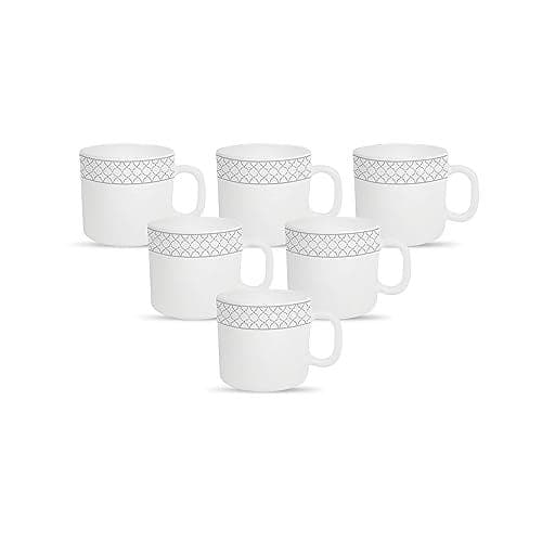 La Opala Diva, Velvett Collection Opal Glass Crockery | Coffee Mug Regular, Set of 6 | Pearl Grey, 190 ml | for Tea & Coffee | Microwave Safe | 100% Vegetarian | Extra Strong | Super Light & White
