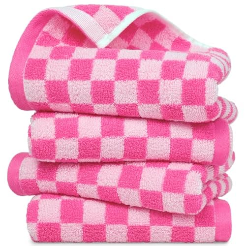 Jacquotha Checkered Hand Towels for Bathroom Set of 4 (Hot Pink) – 100% Cotton, 13" X 29", Soft Absorbent for Women Girls Gifts - Vibrant Cute Towels Brighten Up Your Home Decor