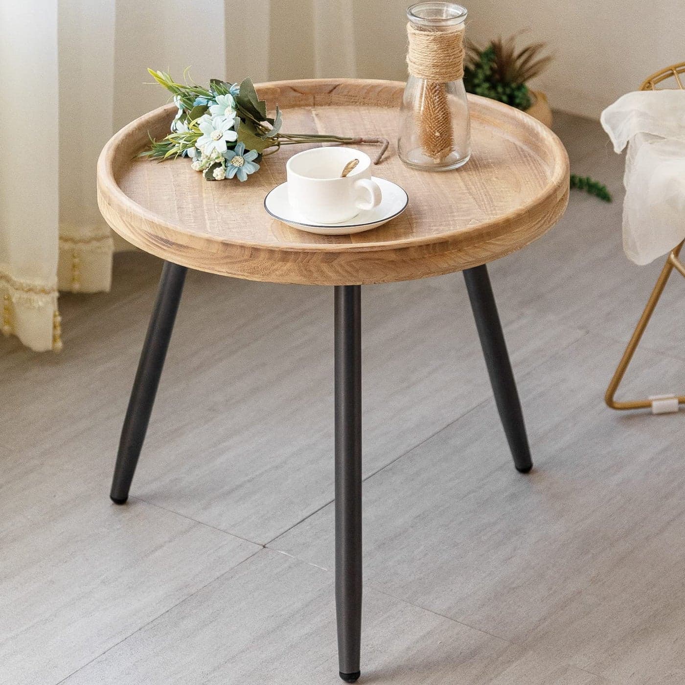 LITA Log Desktop Round Side End Table Indoor Outdoor Wooden Tray Nightstand Table with Metal Stand for Living Room Bedroom Office Small Spaces M