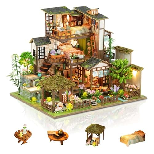 Foyucool Miniature House Kit Tiny House Kit with Light DIY Mini House Building Kits for Adults to Building Unique Gift for Birthday Mothers Day Bamboo Spring Courtyard