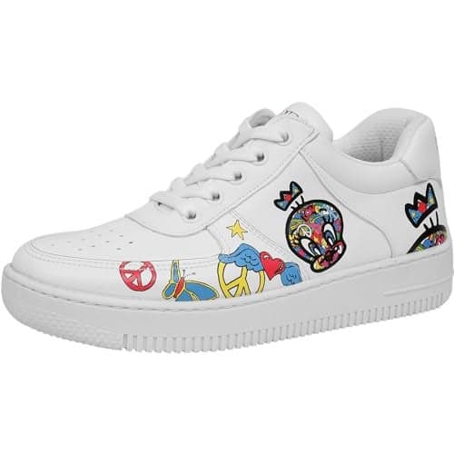 DOGO White Sneakers for Women - Handmade Women's Fashion Sneakers, Vegan Leather and Unique Design Dice Sneakers Tweety Love Design, Size 8