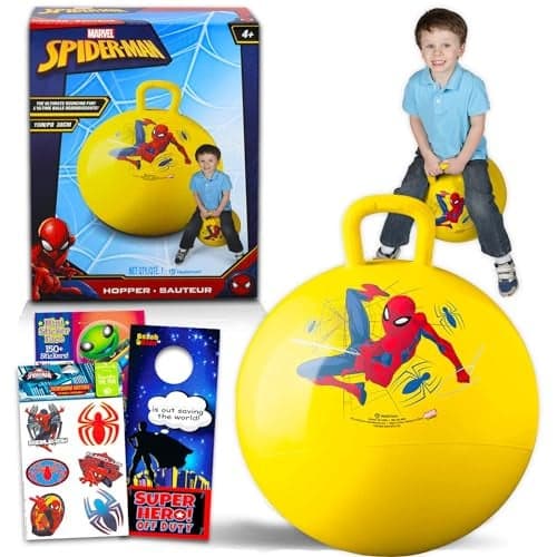 Marvel Spiderman Hopper Ball Bundle - Includes Spiderman 15" Hopper Ball, 300+ Spiderman Stickers, and Additional Door Hanger | for Boys and Girls Outdoor Activities, Parties