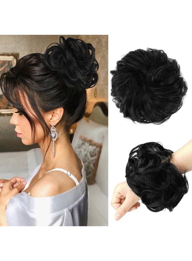 Messy Bun Hair Piece - Large Wavy Curly Elastic Hair Bun Scrunchies Ponytail Extensions Synthetic Chignon Hairpieces for Women, Off Black 1.94oz