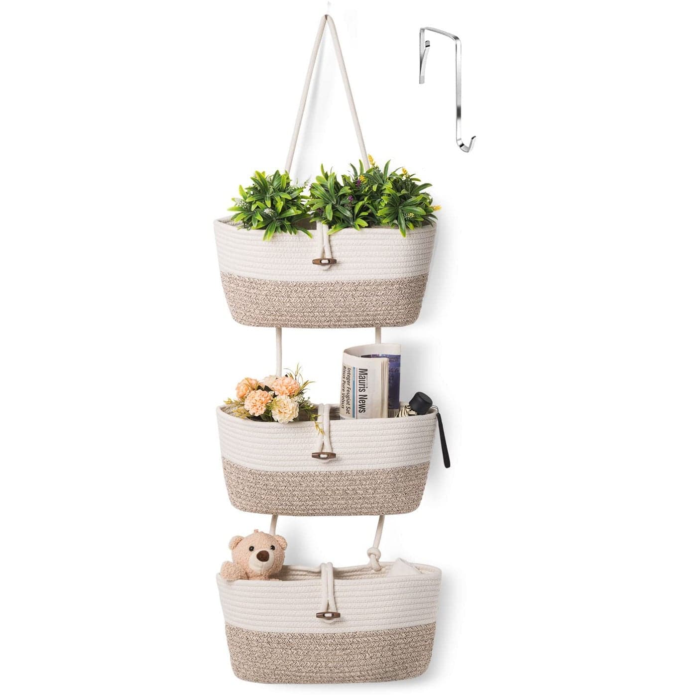 Oradrem Over the Door Basket Cotton Rope Organizer 3Tier Wall Hanging Storage Basket Closet Organizing Decorative Baskets for Organizing Living Room145x7 Apricot