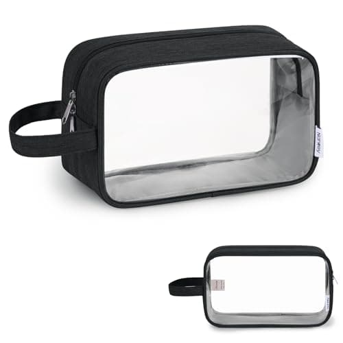 Narwey Clear Travel Toiletry Bags for Traveling Toiletries Men Women, Clear Makeup Bag Cosmetic Bag with Zipper, Make Up Pouch Organizer Bag with Handle, Skincare Beach Snack Medicine Bag, Black