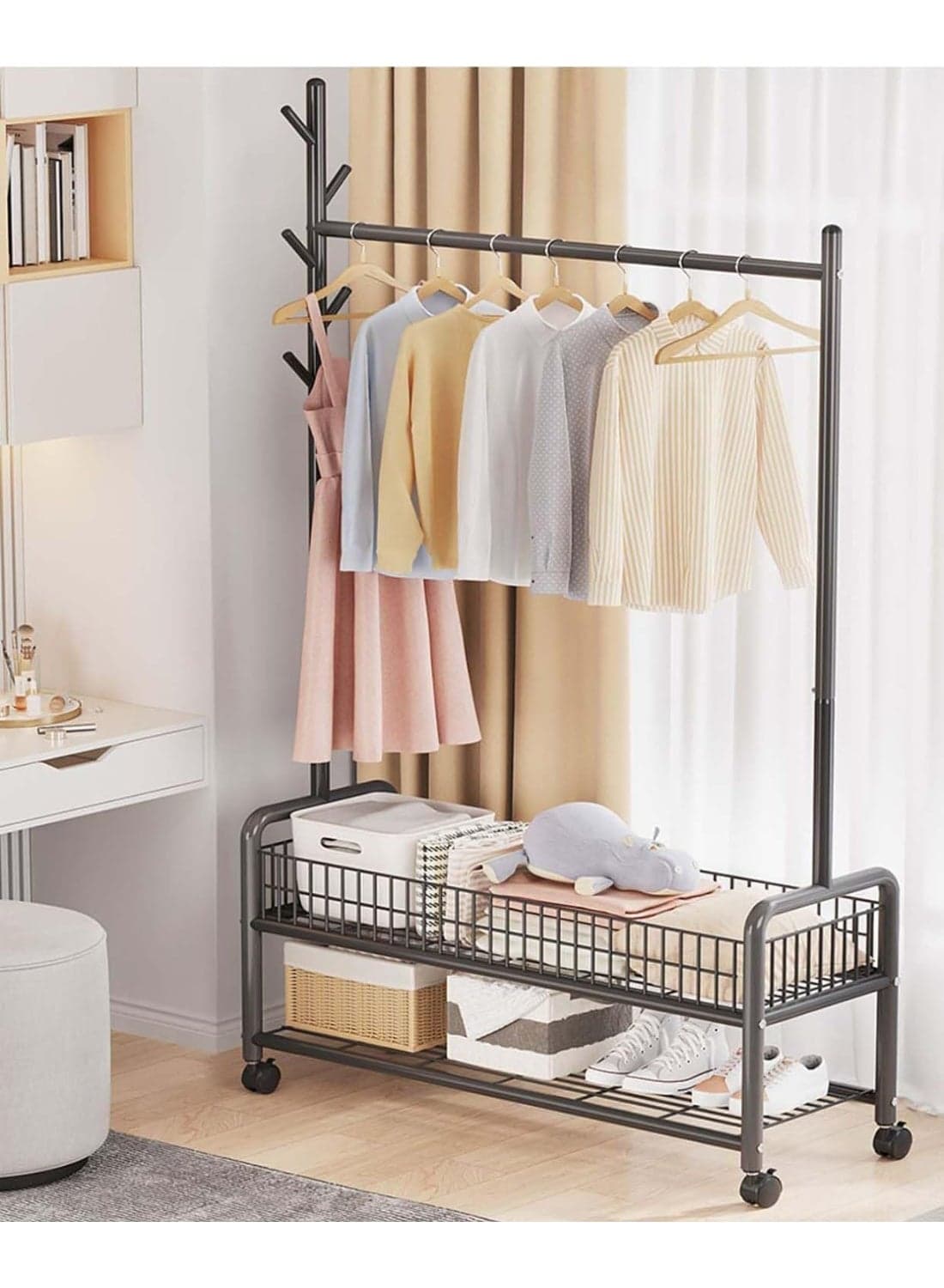 Rolling Clothes Rack for Hanging Clothes with Wheels Coat Rack with Shoe Storage with Shelves Wider Heavy Duty Garment Rack for Bedroom Living Room (Black)