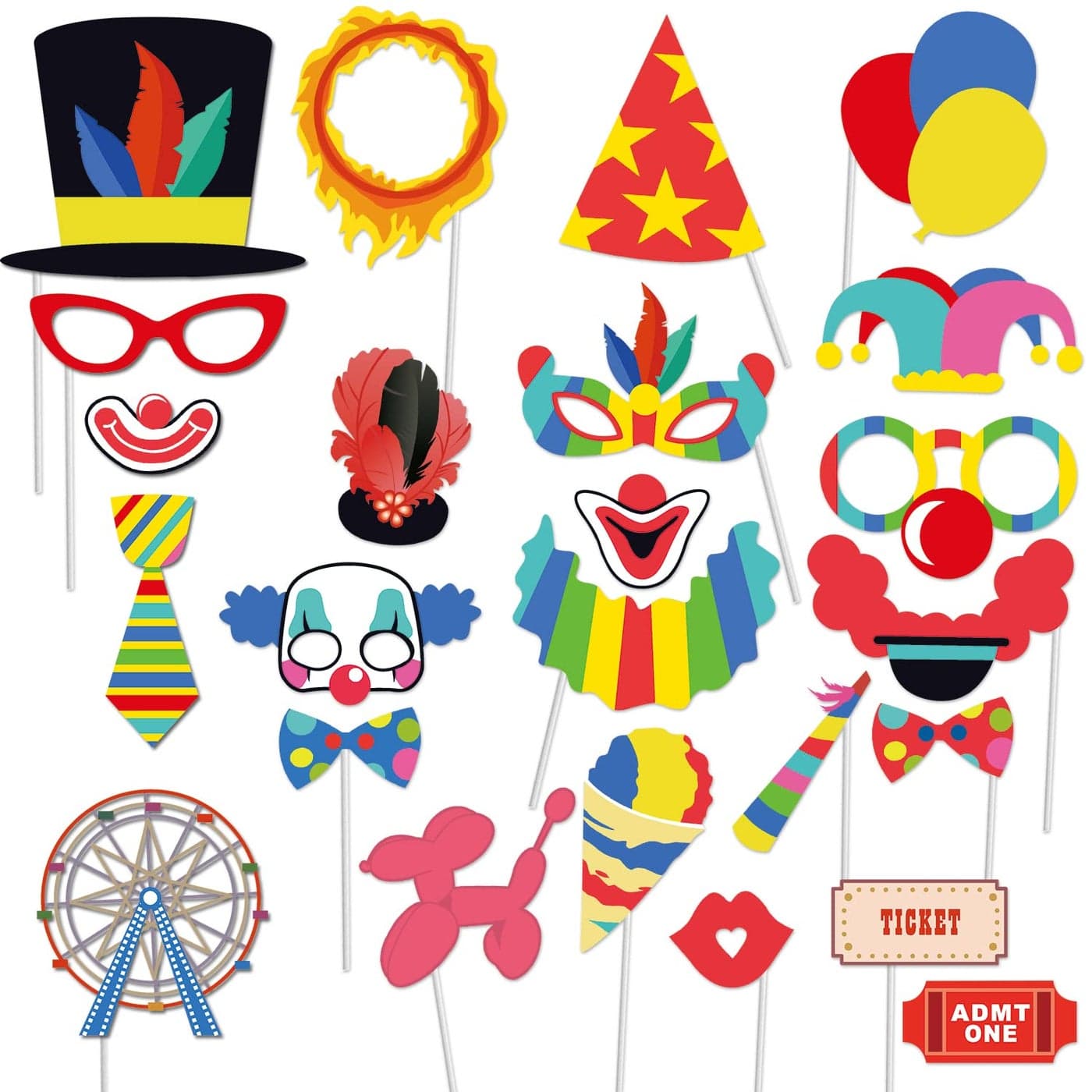 Circus Carnival Birthday Photo Booth Props Kit24Pcs Circus Carnival Party Favors for Birthday Bachelorette Baby Shower Party Dressup Acessories with Wood Sticks