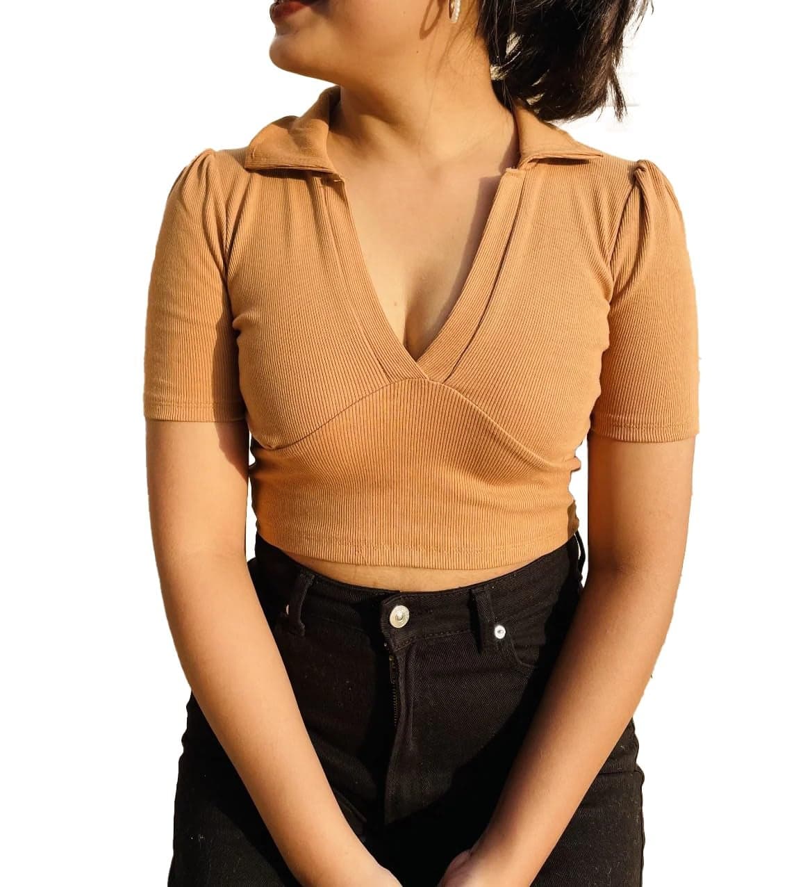 Istyle Can Solid V-Neck Collar, Short Sleeve, Slim Fit Ribbed Women's & Girls Crop Top (in, Alpha, S, Regular, Standard, Beige)