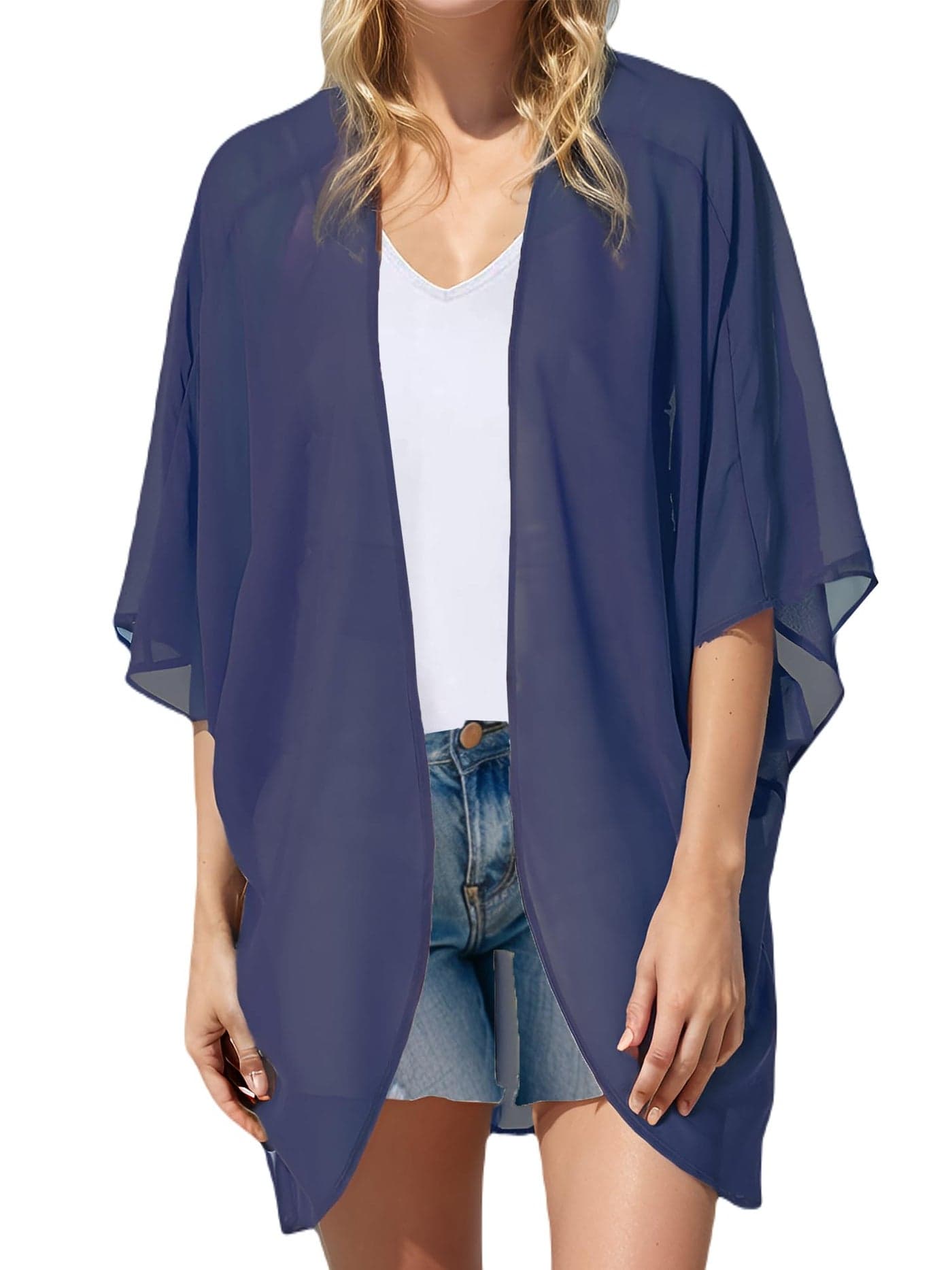 Moss Rose Women's Beach Kimono Coverup Sheer Chiffon Cover Ups, Casual Loose Open Front Cardigan Tops Solid Navy