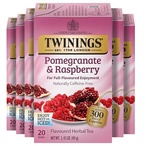 Twinings Pomegranate & Raspberry Herbal Tea Individually Wrapped Bags, 20 Count (Pack of 6), Naturally Caffeine-Free, Enjoy Hot or Iced, 120 Teabags