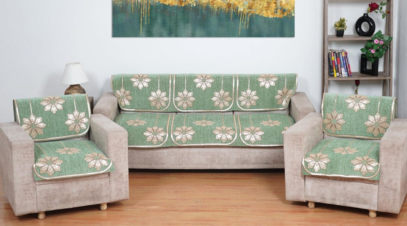 MORADO Chenille 5 Seater Sofa Set for Living Room, Drawing Room and Offce (3 Sitting Sofa Cover + 1 Sitting Sofa Cover + 1 Sitting Sofa Cover) - Light Green