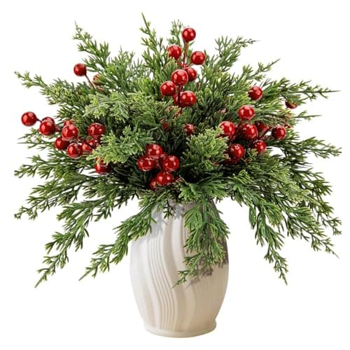 HASTHIP® 35Pcs Christmas Pine Branches and 10Pcs Red Berry Branches for Christmas Decorations 10.5 Inches Artificial Pine Needle Branches 7 Inches Red Berry Stems for DIY Craft Home Decor Xmas Tree