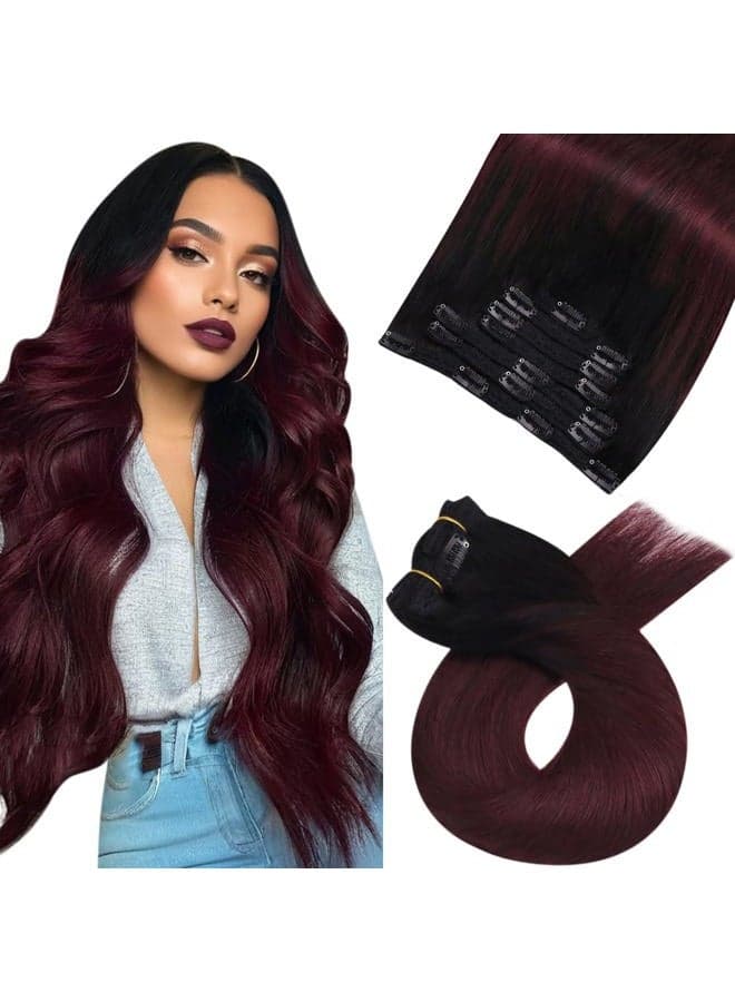 Clip in Hair Extensions Ombre Black to Wine Red Real Hair Clip in Extensions Black to Burgundy Balayage Double Weft Clip on Hair Extensions Human Hair 22inch 7Pcs/120G