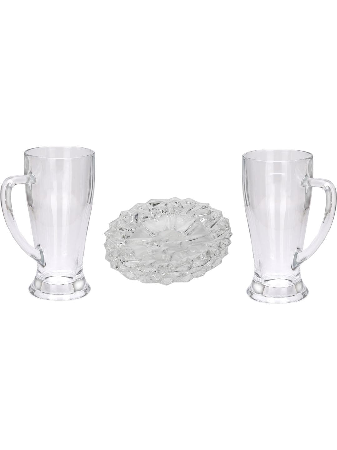 Somil Combo Set of 2 Beer Glasses and 1 Snack Plate Transparent Glass Set of 3 Glass Size 7 X 11 X 15 Cm Plate Size 175 X 175 X 25 Cm