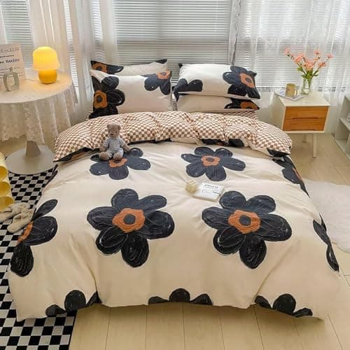 Wellboo Black Floral Comforter Sets Full Women Girls White and Black Botanical Bedding Sets Cotton Beige Black Sunflower Quilts Teens 3D Large Flower Quilts Watercolor Boho Garden Bohemian Bedding