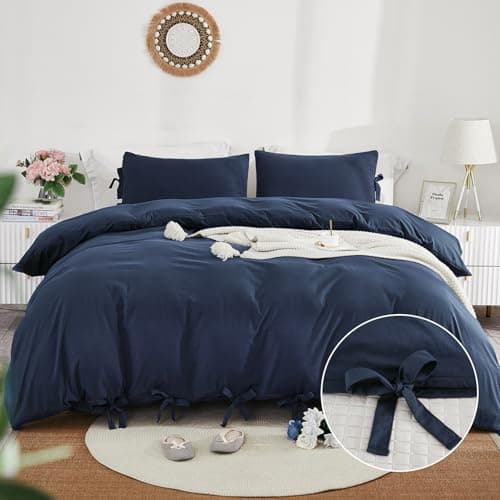 annadaif Grayish Navy Duvet Cover Queen Size, 3 Pieces Soft Washed Microfiber Duvet Cover Set, Comforter Cover with Bowknot Bow Tie (1 Duvet Cover 90x90 Inch, 2 Pillowcases) Easy Care Bedding Set