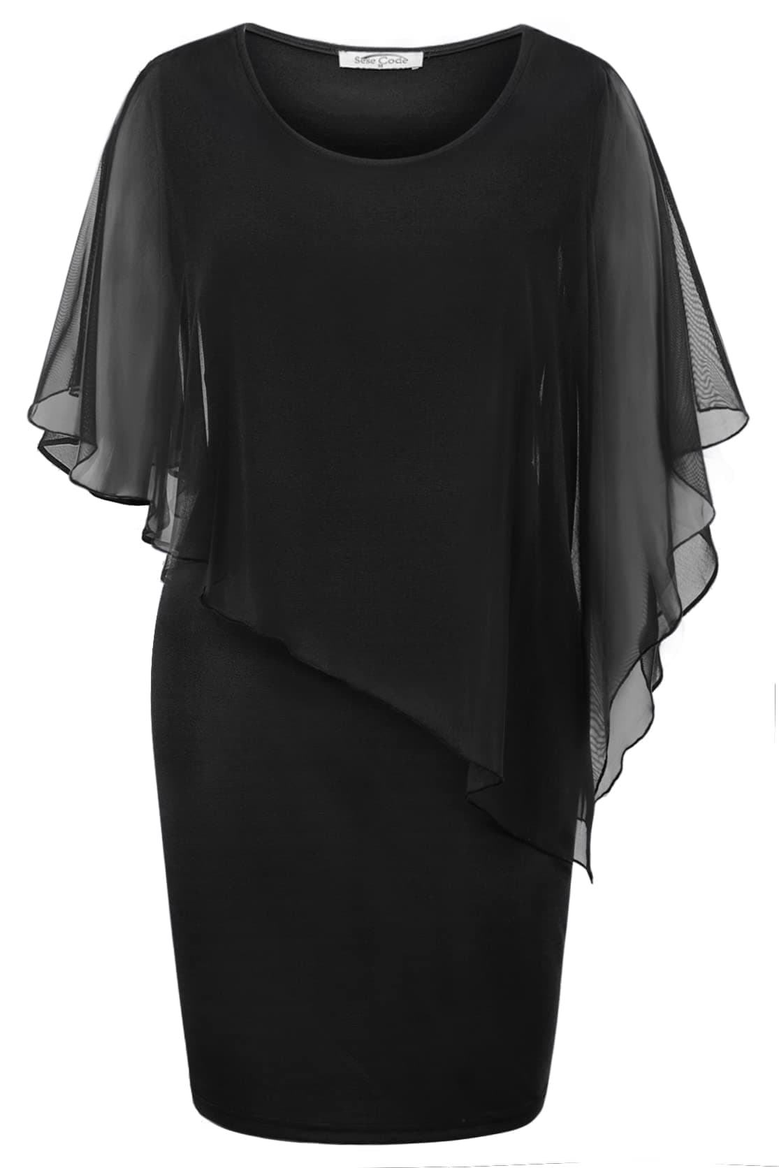 SeSe Code Party Dresses for Women 2025, Summer Wedding Guest Mesh Cape Overlay Bodycon Knee Length Cocktail Formal Pencil Dress Black L