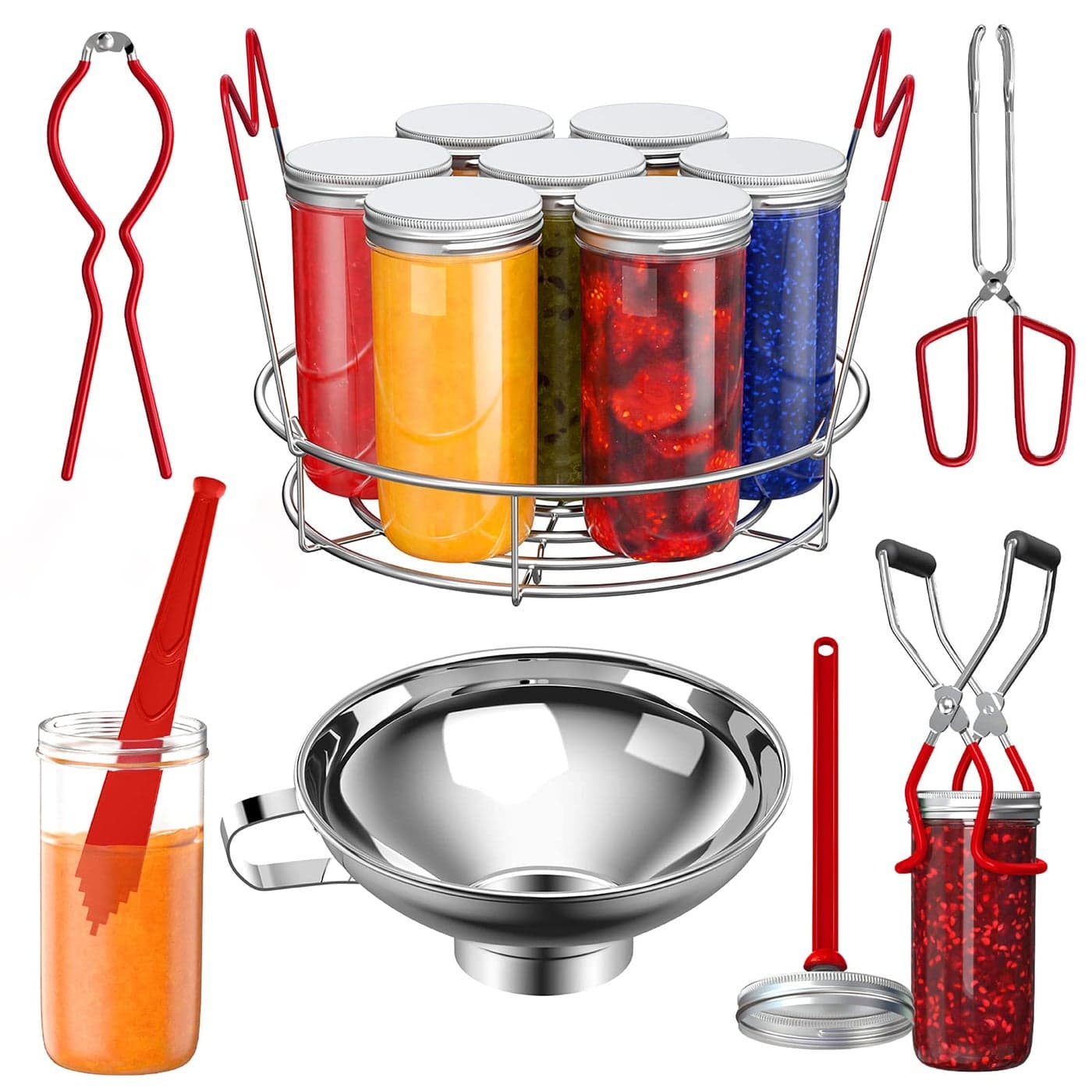Pisol Canning Supplies Starter Kit 7 Piece Canning Tools Set with Stainless Steel Rack Wide Mouth Funnel Kitchen Tongs Jar Lifter Magnetic Lid Lifter jar Wrench Bubble Popper