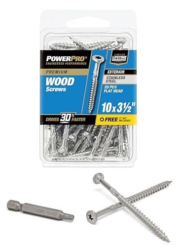 Power Pro Premium Exterior Wood Screws, #10 x 3-1/2" Inch All-Purpose Deck Screws for Outdoor Projects, T-25 Star Bit Included, Silver, 55 Pieces | 48624V4