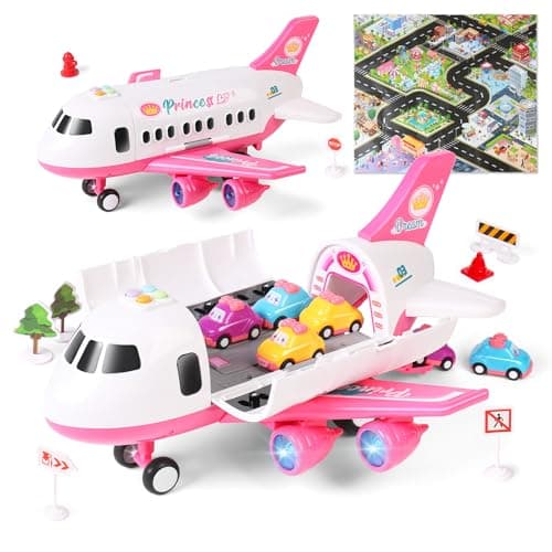 Dwi Dowellin Pink Airplane Toy with 6 Truck Cars and Play MatPlane with Lights and Sounds for 3 4 5 6 7 Years Old Toddlers Boys and Girls