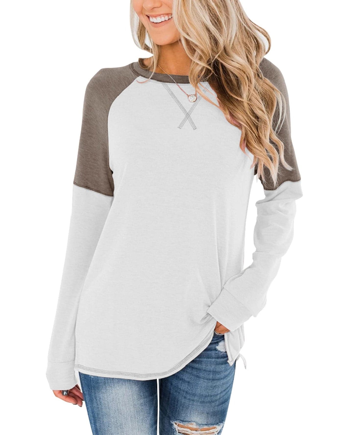 Bingerlily Women's Casual Long Sleeve Tunic Tops Crew Neck Color Block Blouses (Large, White)