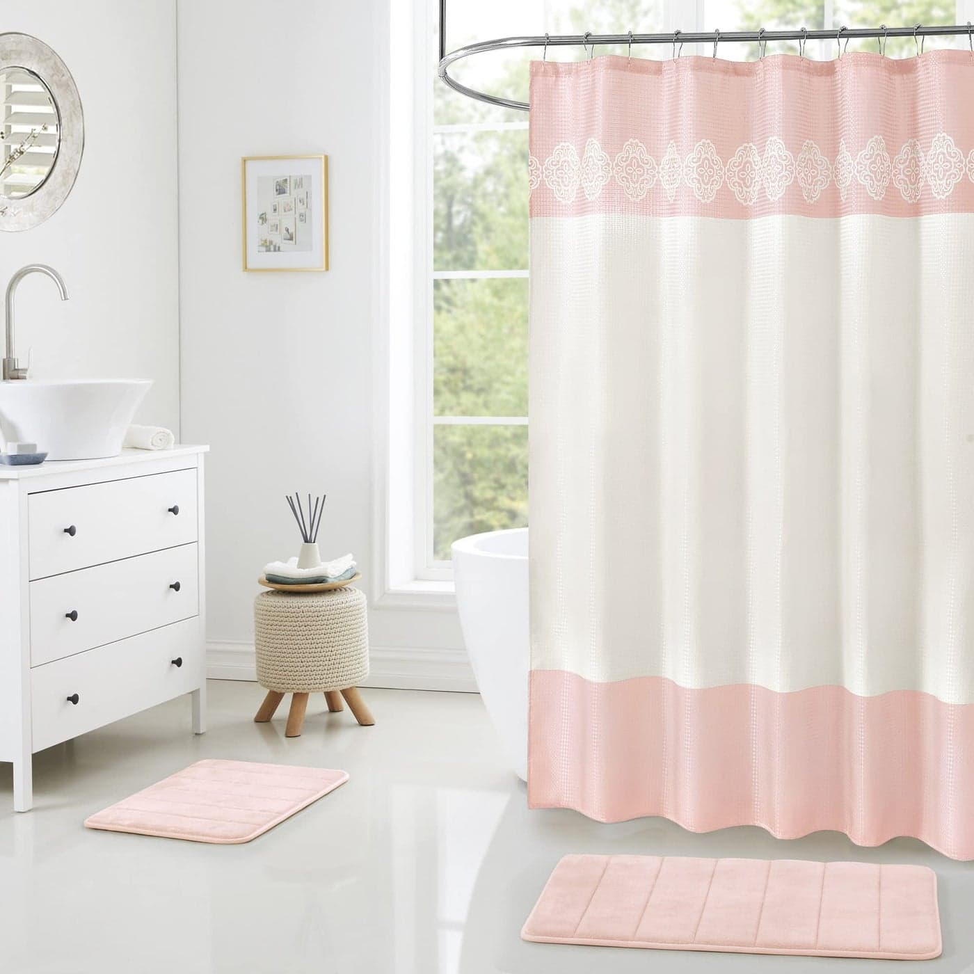15 Piece Bathroom Shower Curtain set with Memory Foam Bath rugs 2 Solid Rose Pink Beige Color Modern Design NoneSlip Bath Mats Includes12 Roller Ball Hooks Style Carrie Lite Rose Pink