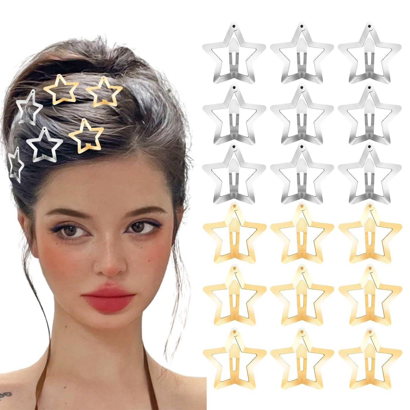 JUNEBRUSHS Star Hair Clips 30 PCS Silver and Golden Star Hair Accessories Metal Non Slip Hair Barrettes for Girls Women 118 Inches