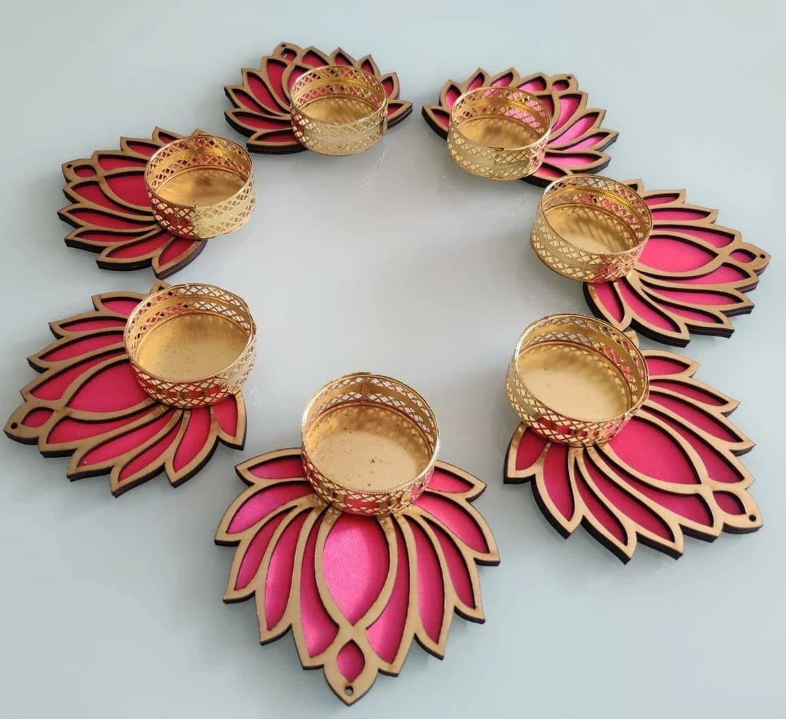 Haoser Pack of 5 Wooden Lotus Cutout for Festivel Decorations | Floor Decoration Reusable Rangoli for Puja Function (Pack of 5 Length: 4 in Width: 3 in)