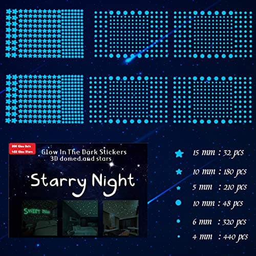 1230 PCS Ultra Glow in The Dark Stars Wall Stickers 3D Adhesive Dots Decor Starry Sky Decor for Kids Bedroom Beautiful Wall Decals Blue