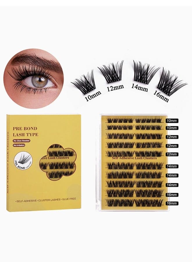 100pcs Glue-Free Self-Adhesive Lash Clusters, 10/12/14/16mm Mixed Lengths, Pre-Bonded No Glue Needed False Eyelashes, Easy to Apply DIY Lash Extensions