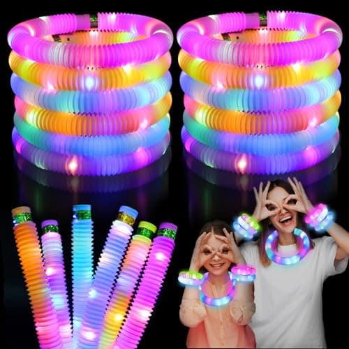 Light Up Pop Fidget Tubes Party Favors for Kids 12 Pack Glow in The Dark Party Supplies Toddler Sensory Toys Large Glow Sticks as Goodie Bag Stuffers and Birthday Party Pack Return Gifts for Kids