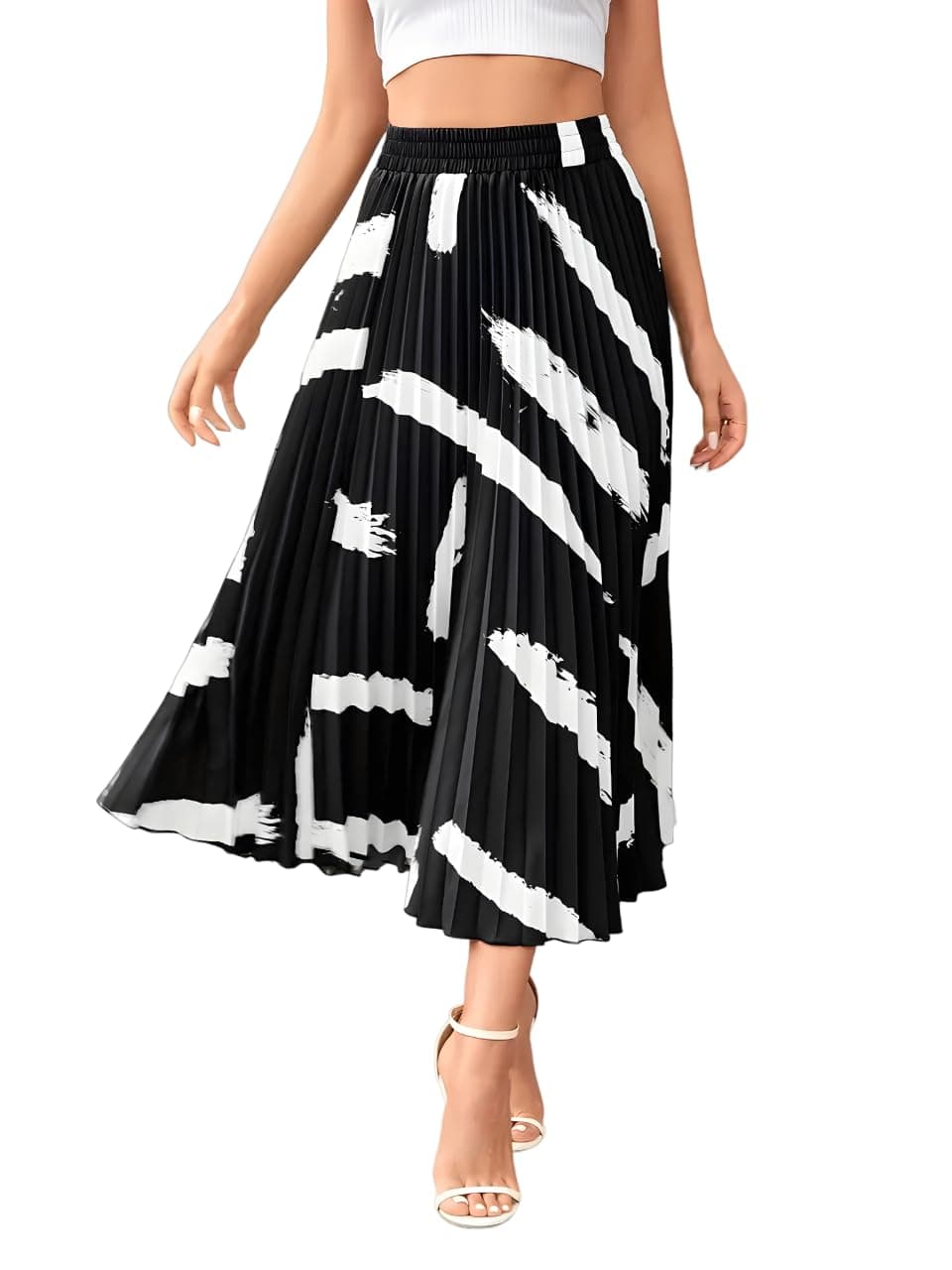 KZULLY Polyester | Brush Print Pleated Skirts, Vintage Elastic Waist Midi Skirts, Women's Clothing Black, Large