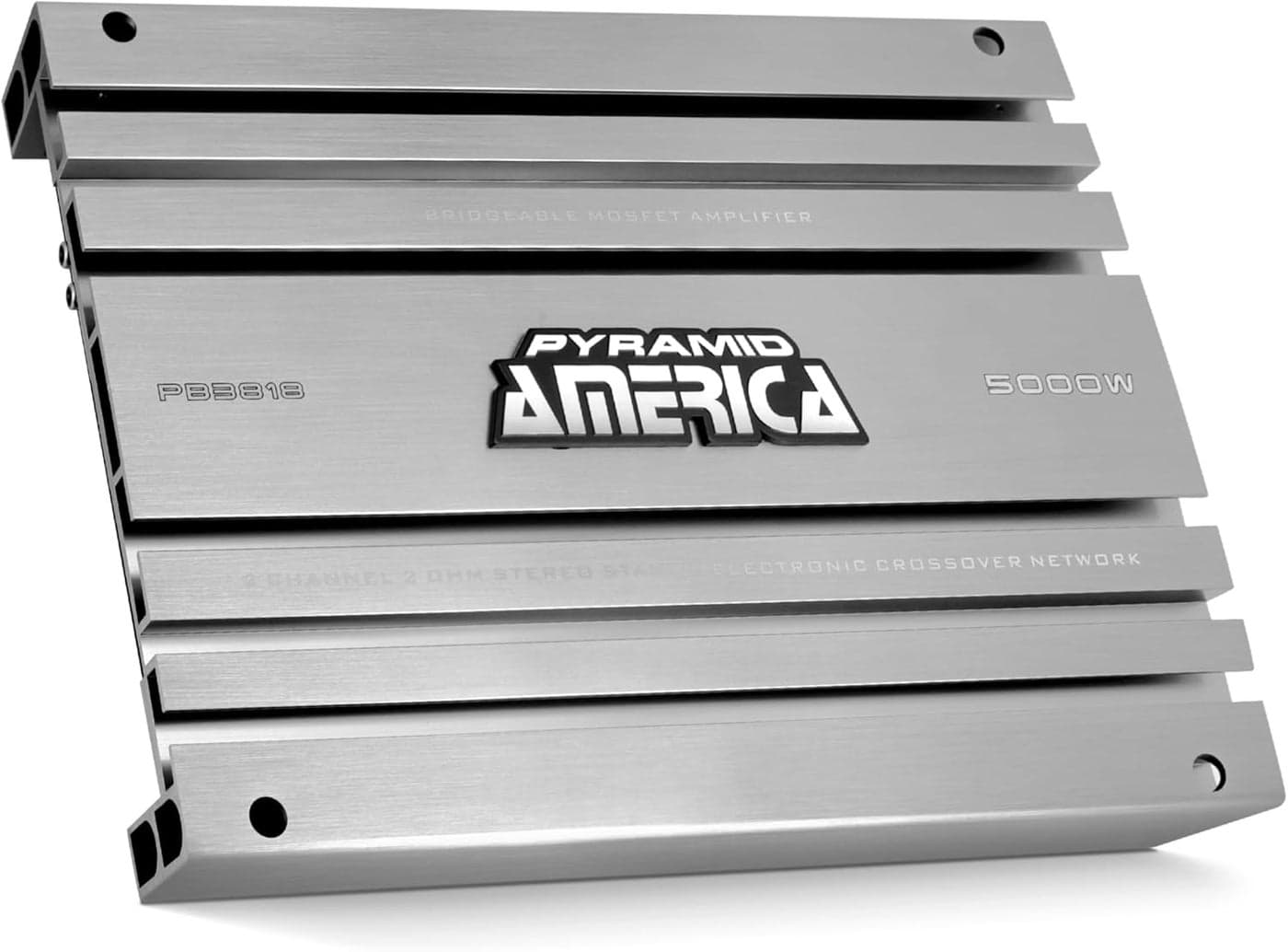 Pyramid 2 Channel Car Stereo Amplifier 5000W High Power 2Channel Bridgeable Audio Sound Auto Small Speaker Amp Box wMOSFET Crossover Bass Boost Control Silver Plated RCA Input Output PB3818