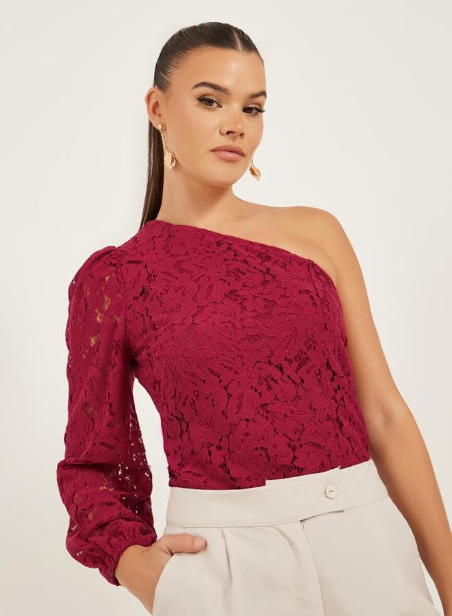 One Shoulder Balloon Sleeve Lace Blouse