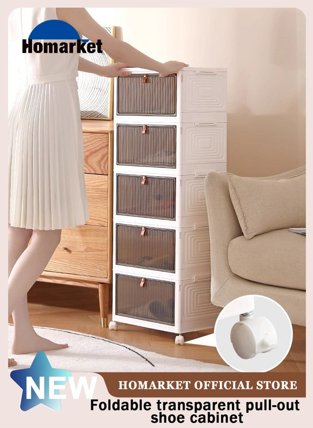 Storage Bins with Lids, 5 Layer Stackable Closet Organizers and Storage with Wheels, Collapsible Storage Boxes, Foldable Plastic Storage Containers for Home,Office, Dorm Room