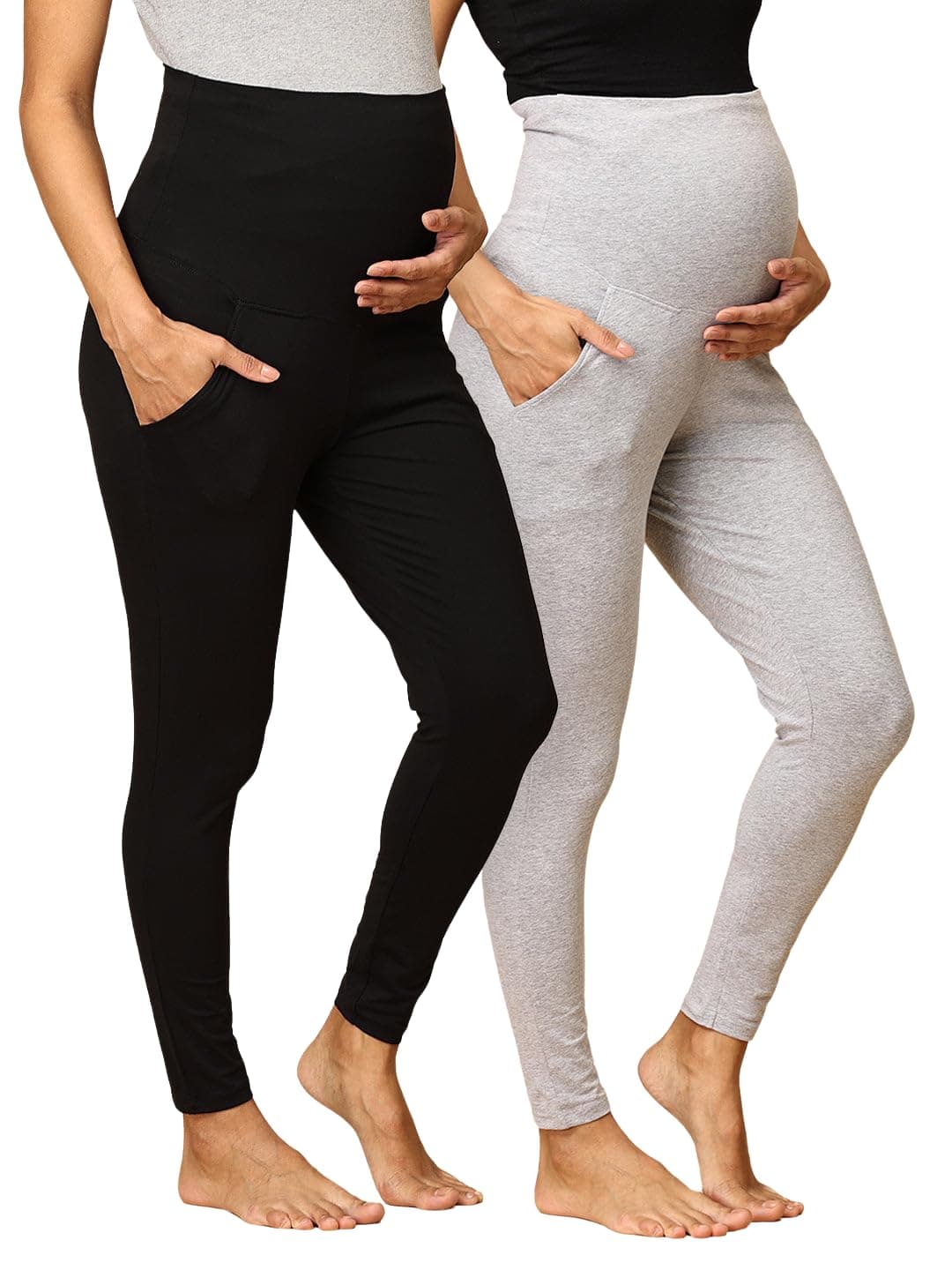 The Mom Store Maternity Leggings | Comfort Stretch Pregnancy Leggings for Women | Over The Belly Design | Maternity Wear for Pregnant Women(Black & Grey, 2XL)