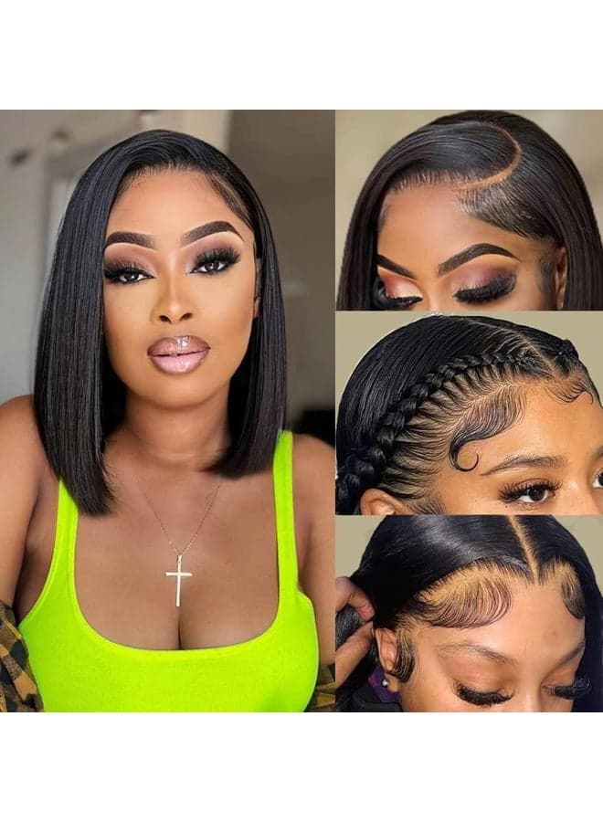 Lace Front Bob Wigs Human Hair Pre Plucked 13x4 Lace Frontal Wigs Human Hair With Baby Hair Bleached Knots Virgin Glueless Wigs for Black Women 150% Density Natural Color 10inch