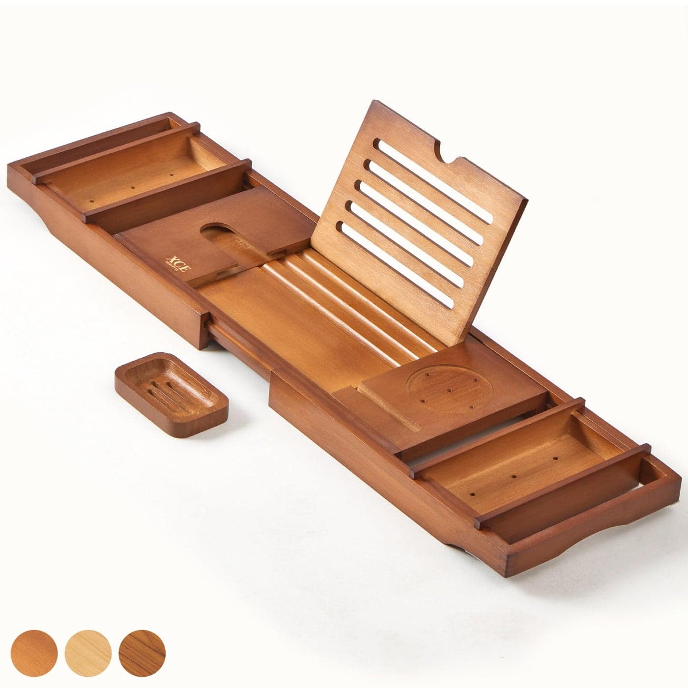 XcE Bathtub Caddy Tray Expandable to 105cm with Bamboo Book Stand and Soap Tray Brown