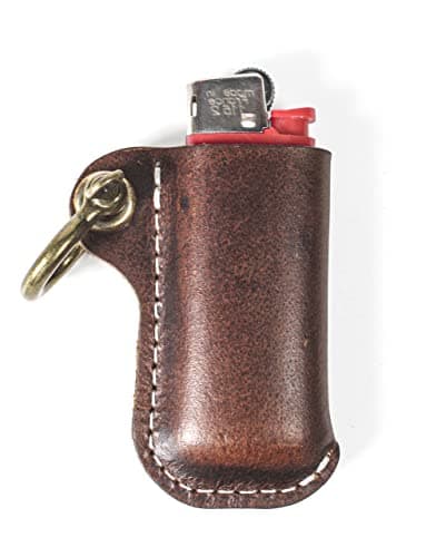 HUMWE Leather Lighter Case Holder for BIC MiniStandard Size Lighters Sleeve Cover Genuine Leather Case Pouch with Metal Horseshoe Shackles for Keychain Pendant Mini Dark Brown