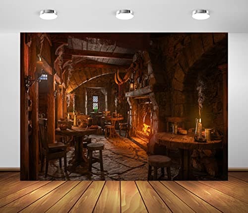 BELECO 7x5ft Fabric Medieval Tavern Backdrop for Photography Wooden Interior Candle Light Fireplace Ancient Tavern Inn Bar Restaurant Background for Party Decorations Photo Booth Studio Props