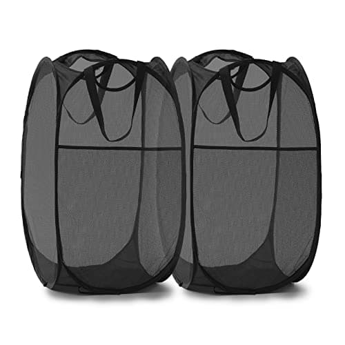 TECHMILLY Collapsible Mesh Pop Up Laundry Hamper with Sturdy Handles and Side Pocket - Portable Foldable Clothes Baskets for Dorm, Bathroom & Travel Storage (Black, 2 Packs)