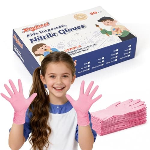 Xandoval Kids Nitrile Gloves for 6-10 Years, 5Mil Pink Disposable Gloves for Work, Cleaning, Cooking, Gardening, Painting, Latex-Free and Powder-Free (S,50PCS)