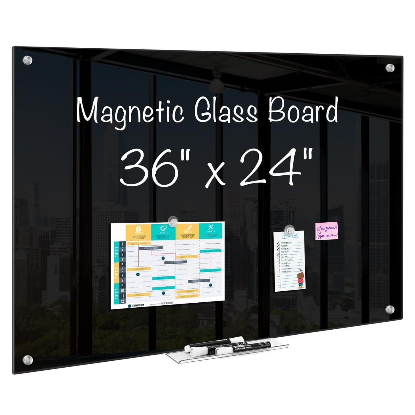 maxtek Magnetic Glass Dry Erase White Board 36 x 24 Black Glass Board for Wall Mounted Includes 6 Magnets with Marker Tray 3 Markers and 1 Eraser for Classroom Home Office Supplies
