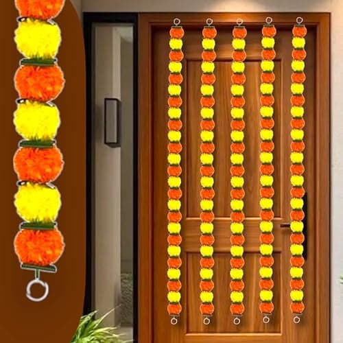 iHandikart Artificial Marigold Garland for Home Door Decoration,|Pack of 5, 55 Inch | Green Folded patta Garlands for House Warming, Elite for Door toran, wall hangings & Festival Celebrtion itme.
